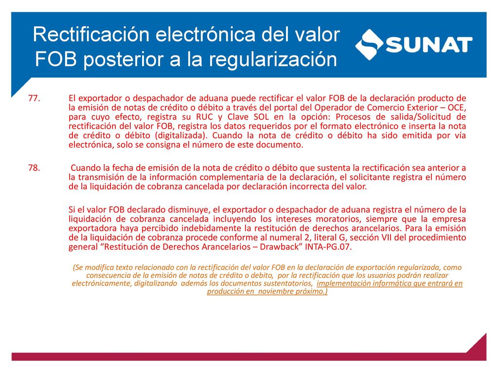 Rectificación electrónica del valor FOB posterior a la regularización