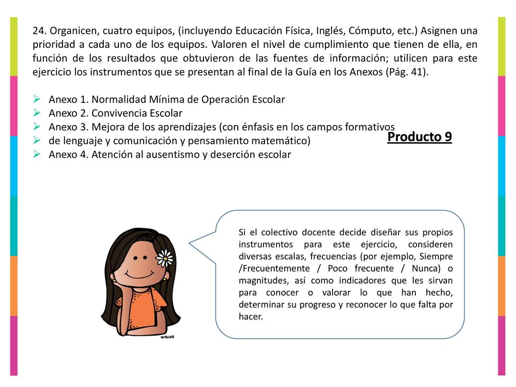 24. Organicen, cuatro equipos, (incluyendo Educación Física, Inglés, Cómputo, etc.) Asignen una prioridad a cada uno de los equipos. Valoren el nivel de cumplimiento que tienen de ella, en función de los resultados que obtuvieron de las fuentes de información; utilicen para este ejercicio los instrumentos que se presentan al final de la Guía en los Anexos (Pág. 41).
