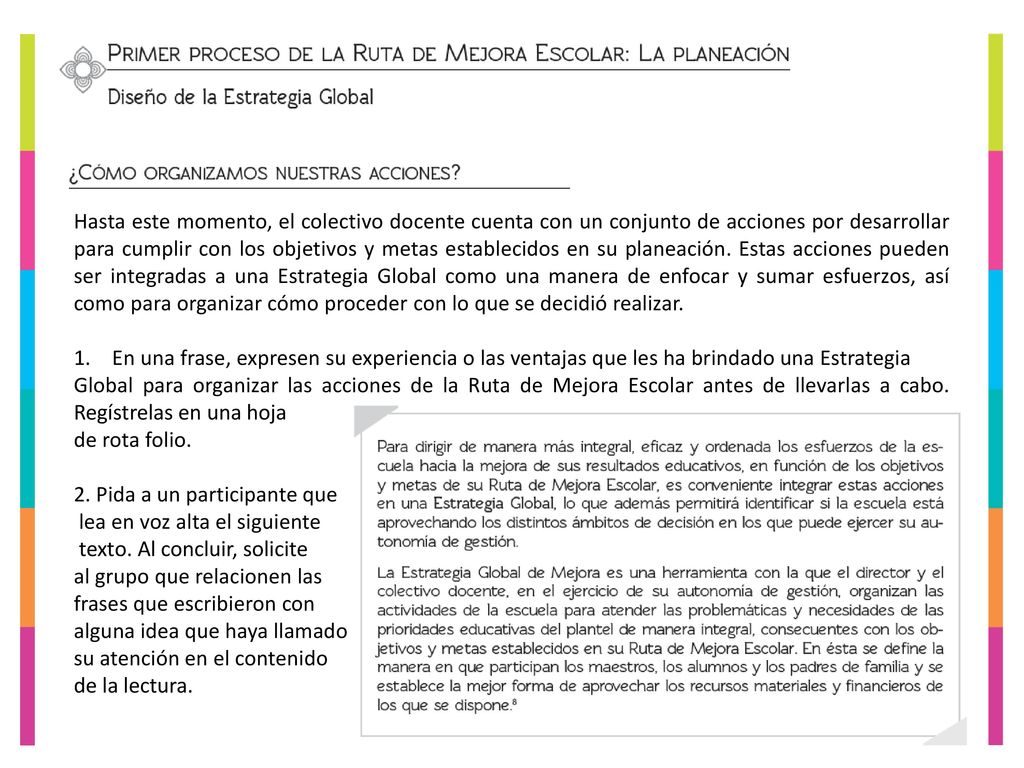 Hasta este momento, el colectivo docente cuenta con un conjunto de acciones por desarrollar para cumplir con los objetivos y metas establecidos en su planeación. Estas acciones pueden ser integradas a una Estrategia Global como una manera de enfocar y sumar esfuerzos, así como para organizar cómo proceder con lo que se decidió realizar.