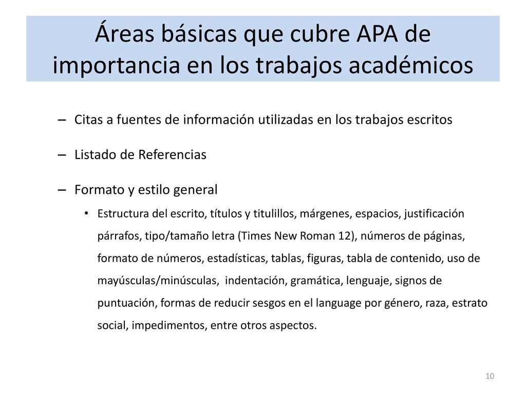 Áreas básicas que cubre APA de importancia en los trabajos académicos