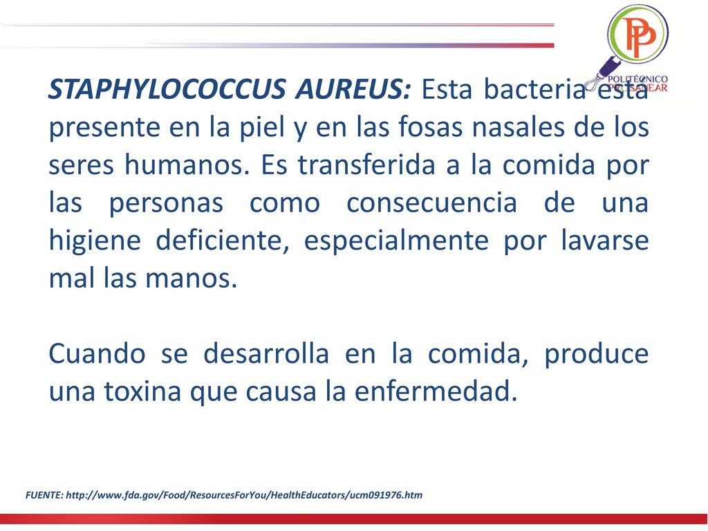 STAPHYLOCOCCUS AUREUS: Esta bacteria está presente en la piel y en las fosas nasales de los seres humanos. Es transferida a la comida por las personas como consecuencia de una higiene deficiente, especialmente por lavarse mal las manos.