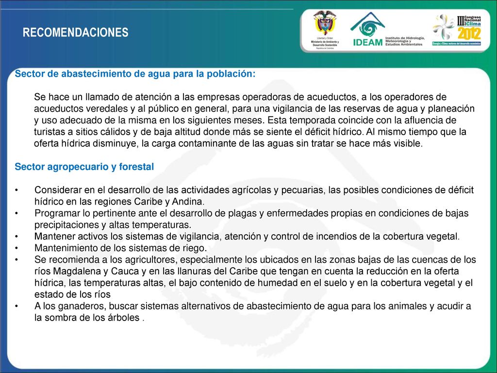 RECOMENDACIONES Sector de abastecimiento de agua para la población: