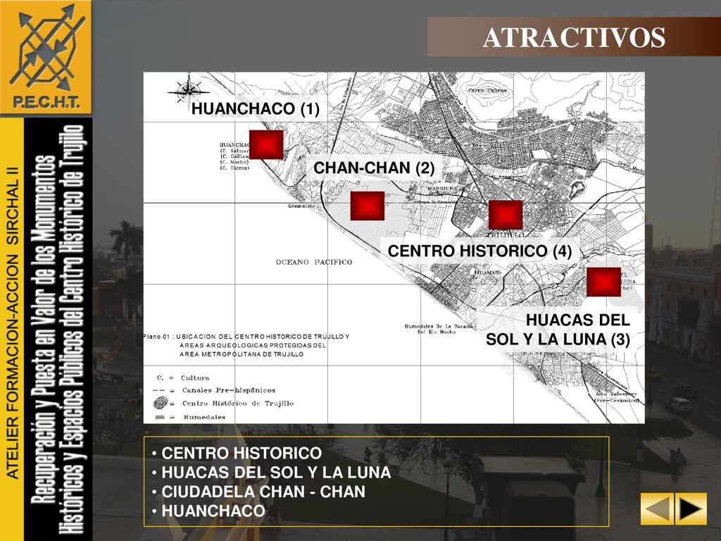 ATRACTIVOS HUANCHACO (1) CHAN-CHAN (2) CENTRO HISTORICO (4) HUACAS DEL