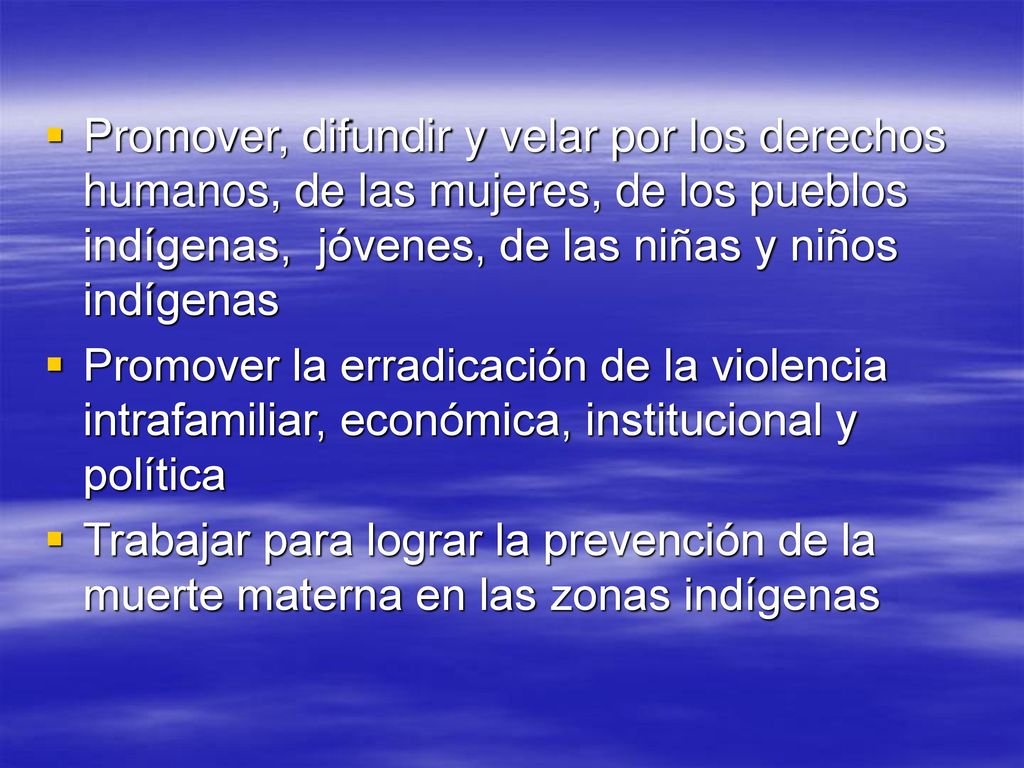 Promover, difundir y velar por los derechos humanos, de las mujeres, de los pueblos indígenas, jóvenes, de las niñas y niños indígenas