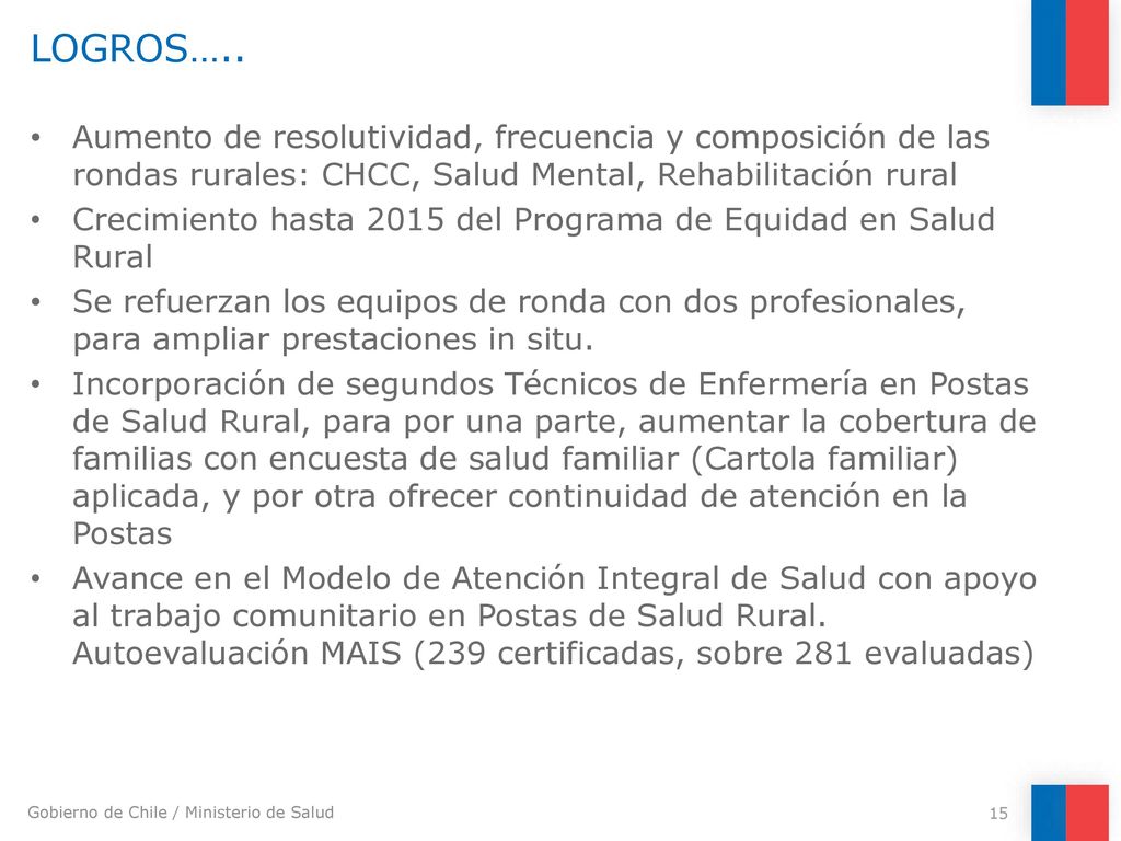 LOGROS….. Aumento de resolutividad, frecuencia y composición de las rondas rurales: CHCC, Salud Mental, Rehabilitación rural.