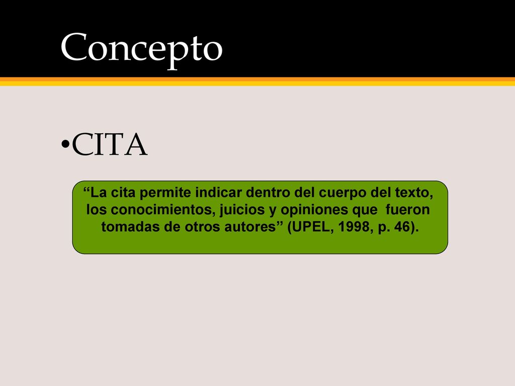 Concepto CITA La cita permite indicar dentro del cuerpo del texto,
