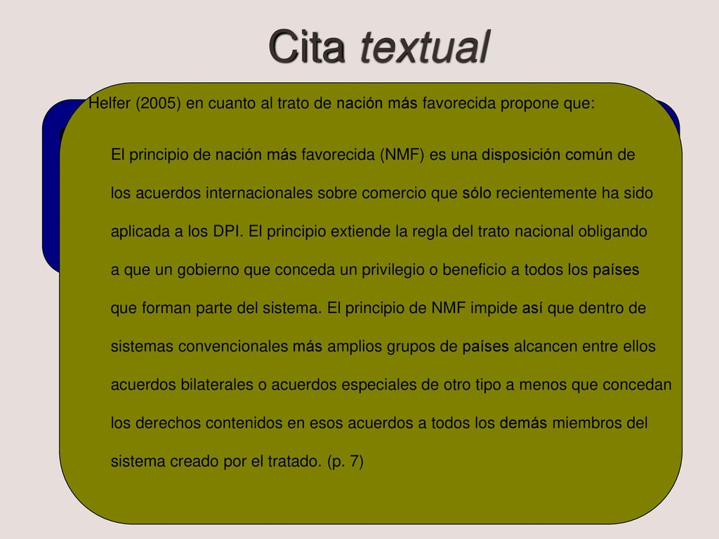 Cita textual Helfer (2005) en cuanto al trato de nación más favorecida propone que: