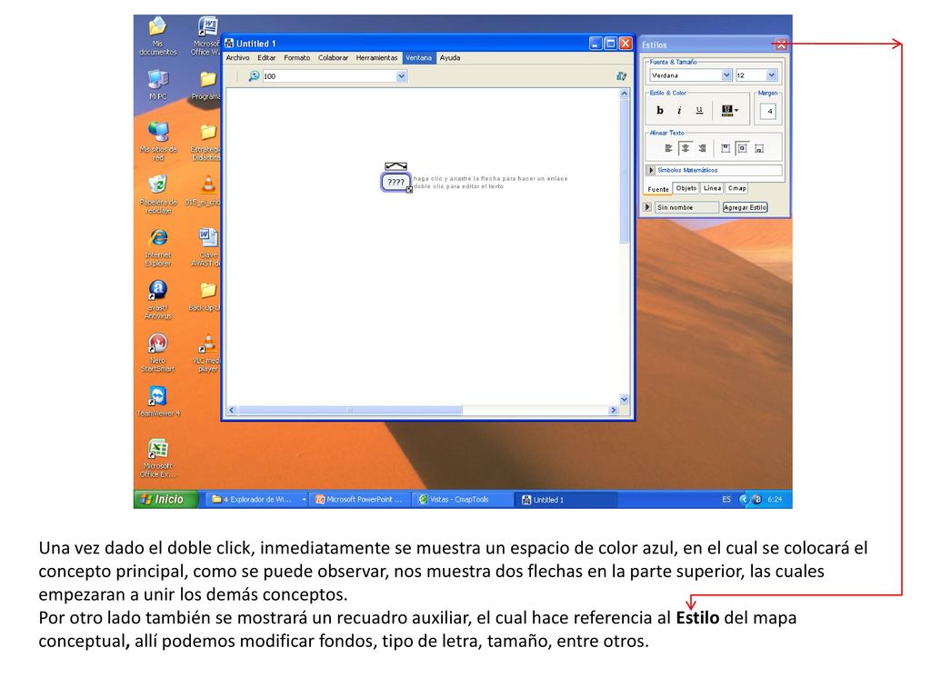 Una vez dado el doble click, inmediatamente se muestra un espacio de color azul, en el cual se colocará el concepto principal, como se puede observar, nos muestra dos flechas en la parte superior, las cuales empezaran a unir los demás conceptos.