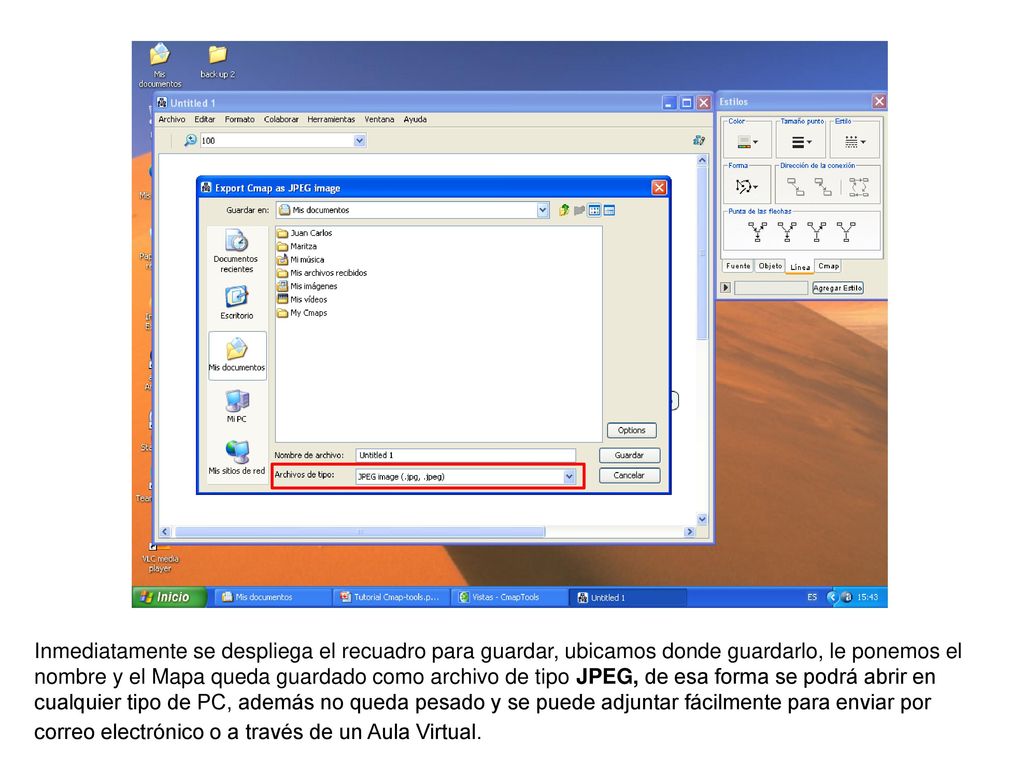 Inmediatamente se despliega el recuadro para guardar, ubicamos donde guardarlo, le ponemos el nombre y el Mapa queda guardado como archivo de tipo JPEG, de esa forma se podrá abrir en cualquier tipo de PC, además no queda pesado y se puede adjuntar fácilmente para enviar por correo electrónico o a través de un Aula Virtual.