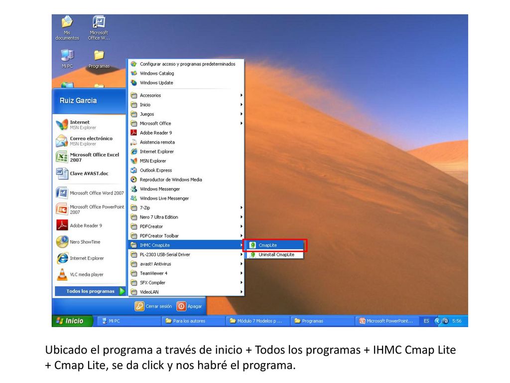 Ubicado el programa a través de inicio + Todos los programas + IHMC Cmap Lite