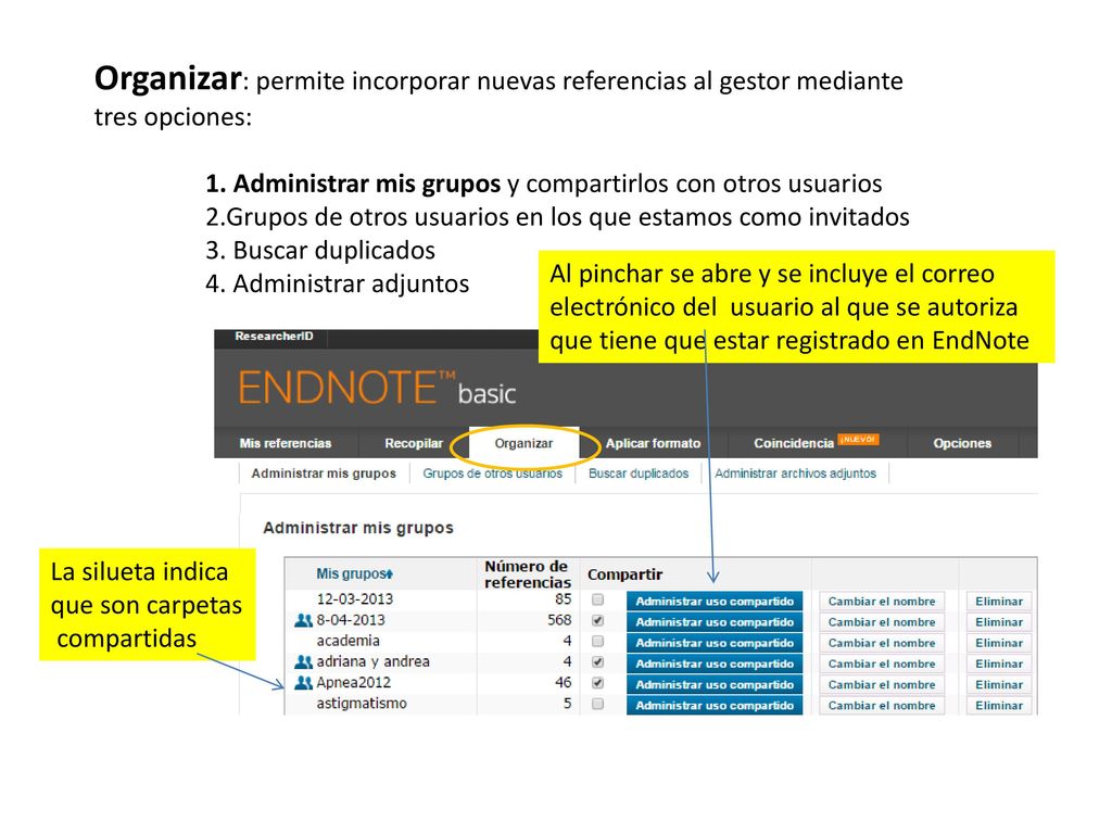 Organizar: permite incorporar nuevas referencias al gestor mediante tres opciones: