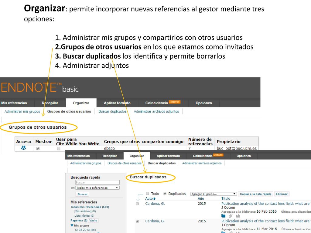 Organizar: permite incorporar nuevas referencias al gestor mediante tres opciones:
