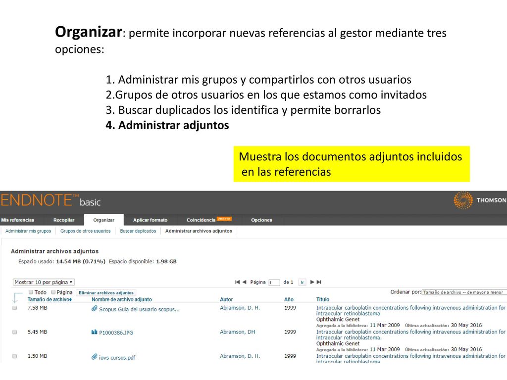 Organizar: permite incorporar nuevas referencias al gestor mediante tres opciones: