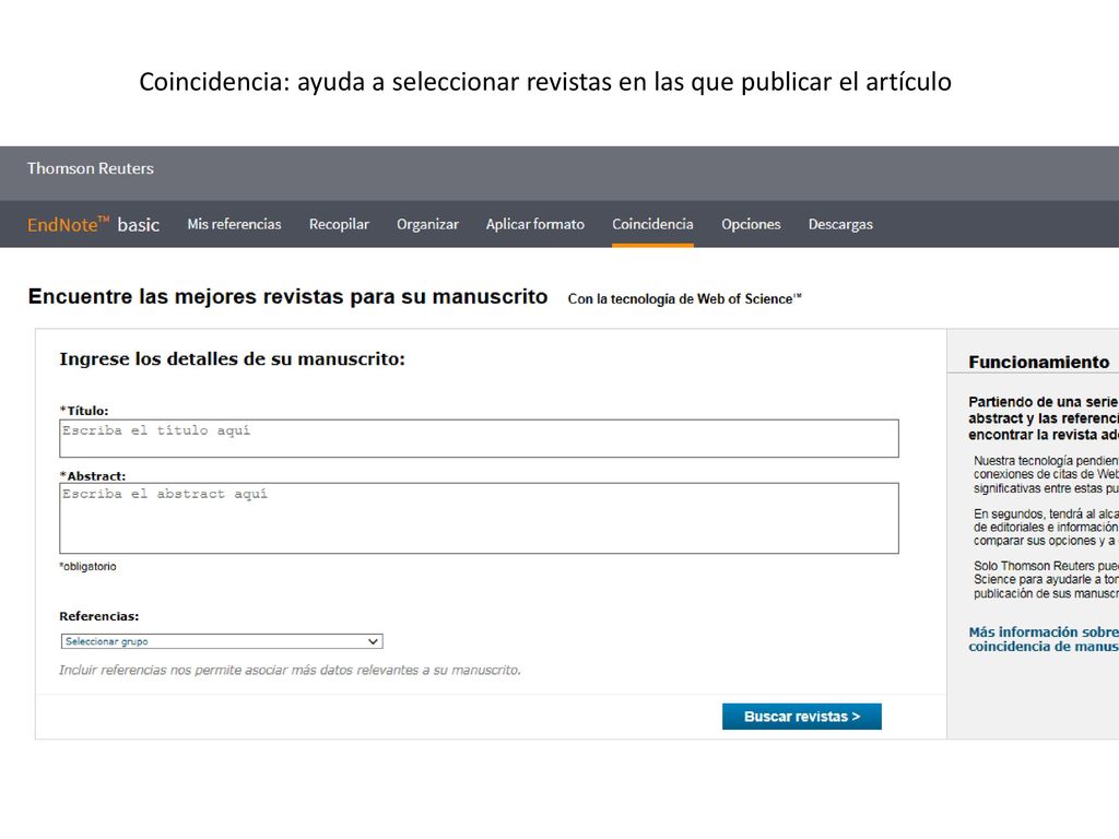 Coincidencia: ayuda a seleccionar revistas en las que publicar el artículo