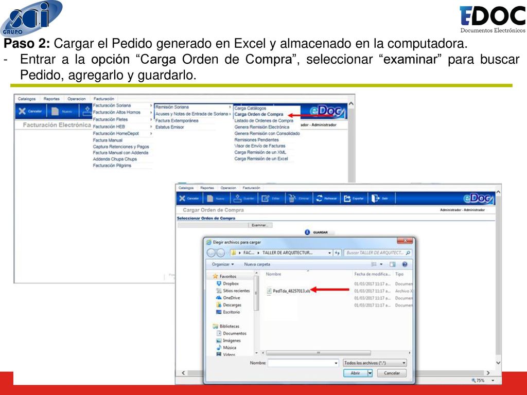 Paso 2: Cargar el Pedido generado en Excel y almacenado en la computadora.