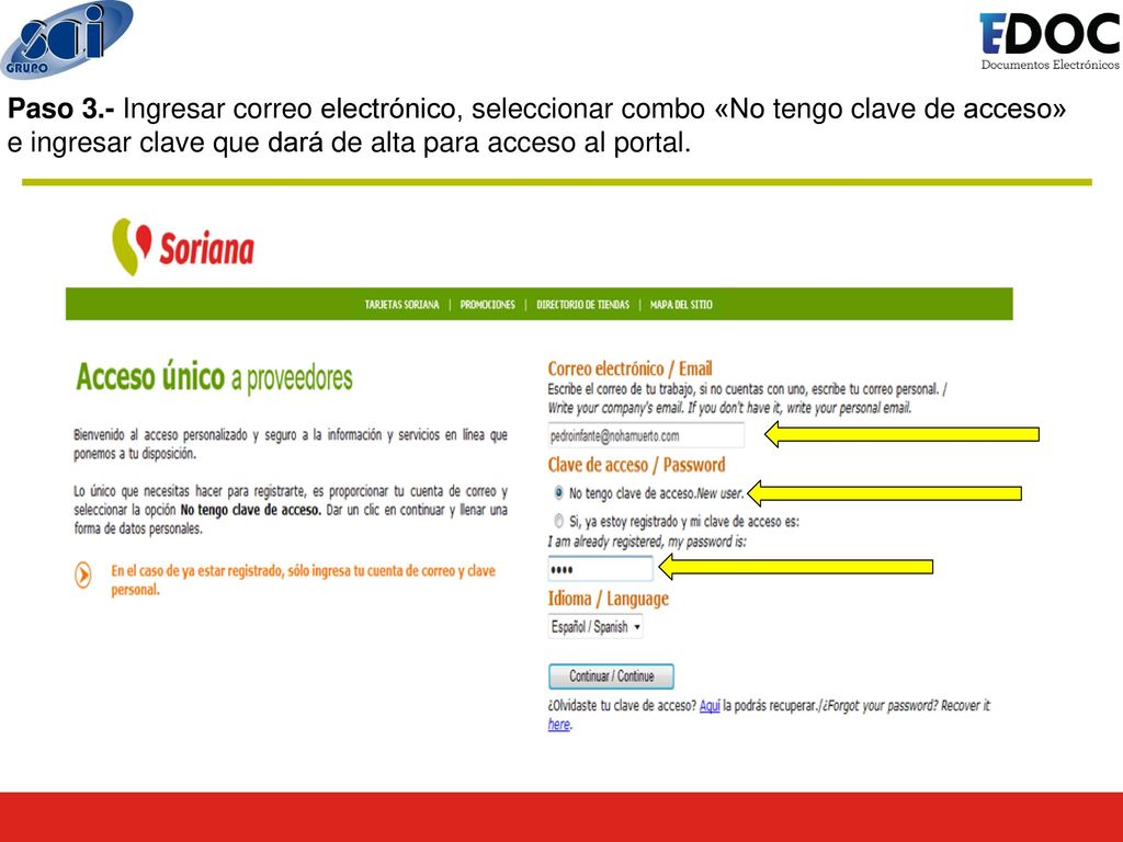 Paso 3.- Ingresar correo electrónico, seleccionar combo «No tengo clave de acceso»
