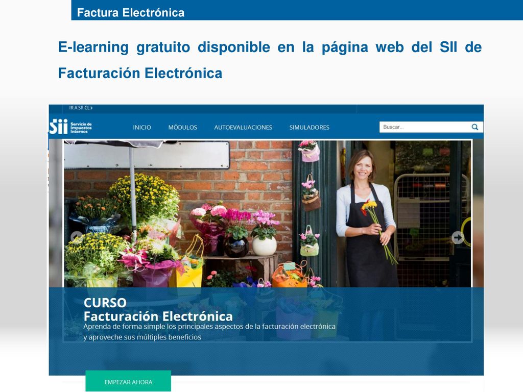 Factura Electrónica E-learning gratuito disponible en la página web del SII de Facturación Electrónica.