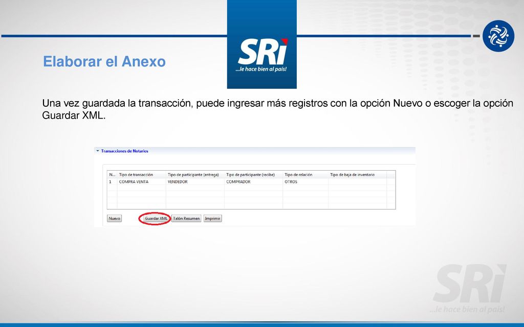 Elaborar el Anexo Una vez guardada la transacción, puede ingresar más registros con la opción Nuevo o escoger la opción Guardar XML.