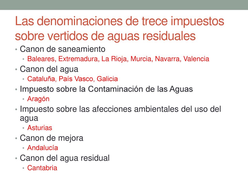 Las denominaciones de trece impuestos sobre vertidos de aguas residuales