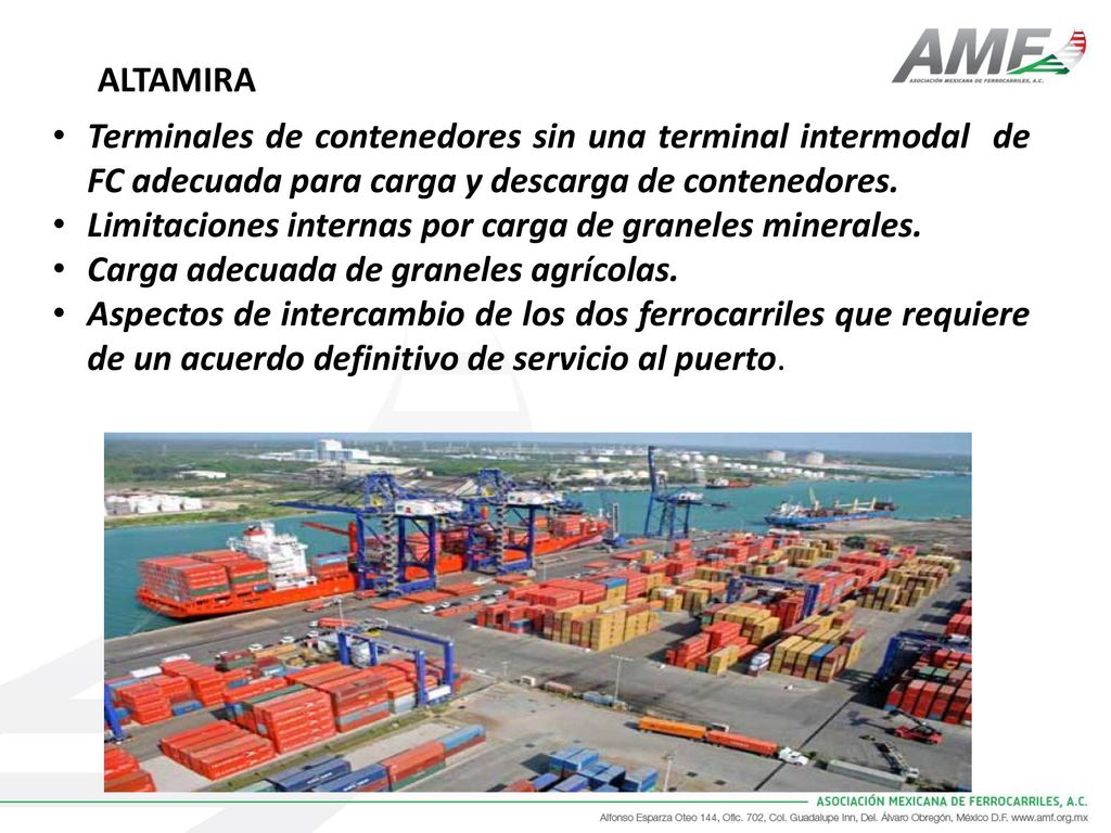 ALTAMIRA Terminales de contenedores sin una terminal intermodal de FC adecuada para carga y descarga de contenedores.