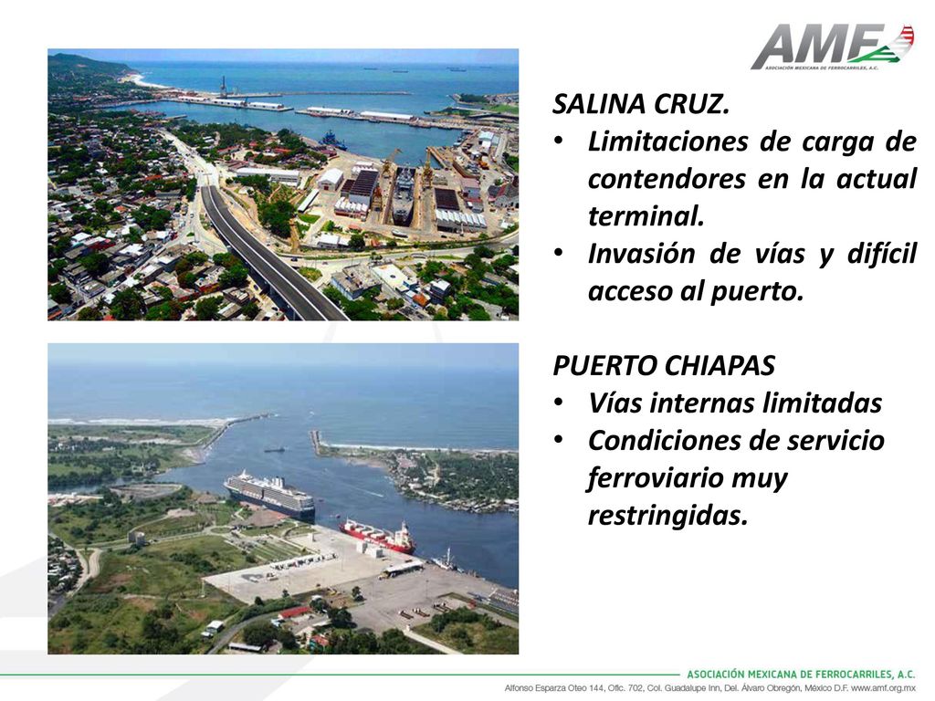 SALINA CRUZ. Limitaciones de carga de contendores en la actual terminal. Invasión de vías y difícil acceso al puerto.