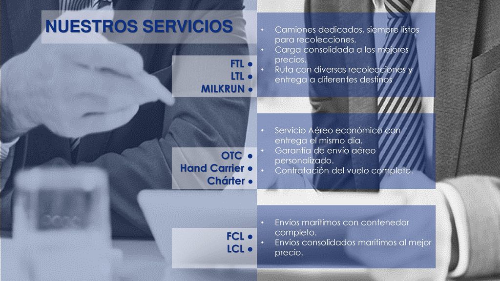 NUESTROS SERVICIOS FTL ● LTL ● MILKRUN ● OTC ● Hand Carrier ●