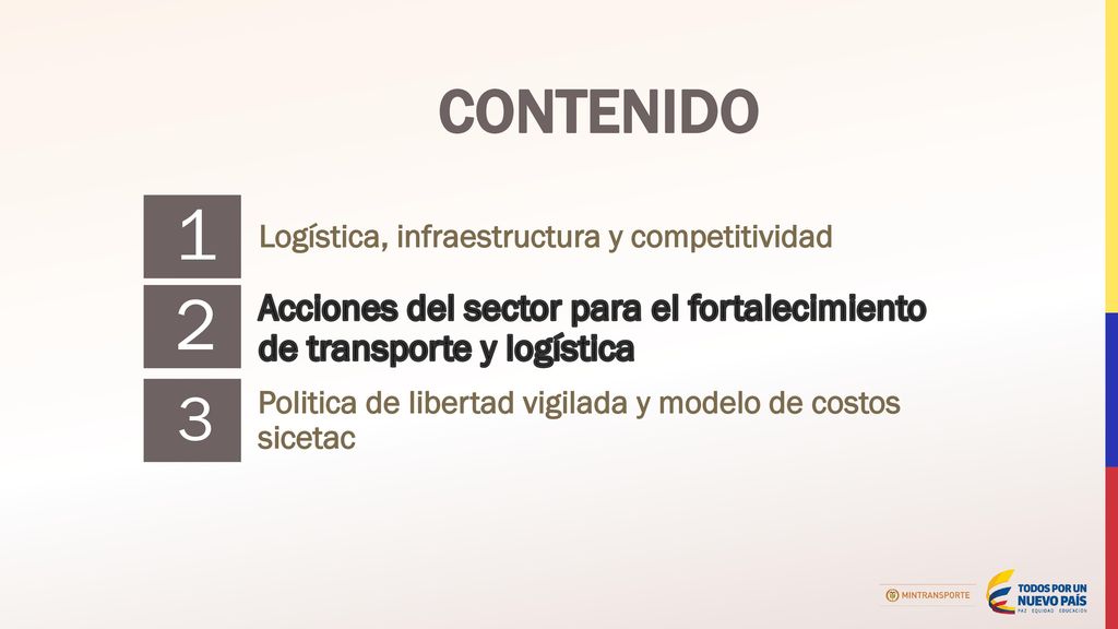 CONTENIDO 1. Logística, infraestructura y competitividad. 2. Acciones del sector para el fortalecimiento de transporte y logística.