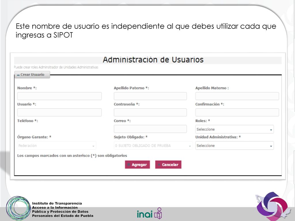 Este nombre de usuario es independiente al que debes utilizar cada que ingresas a SIPOT