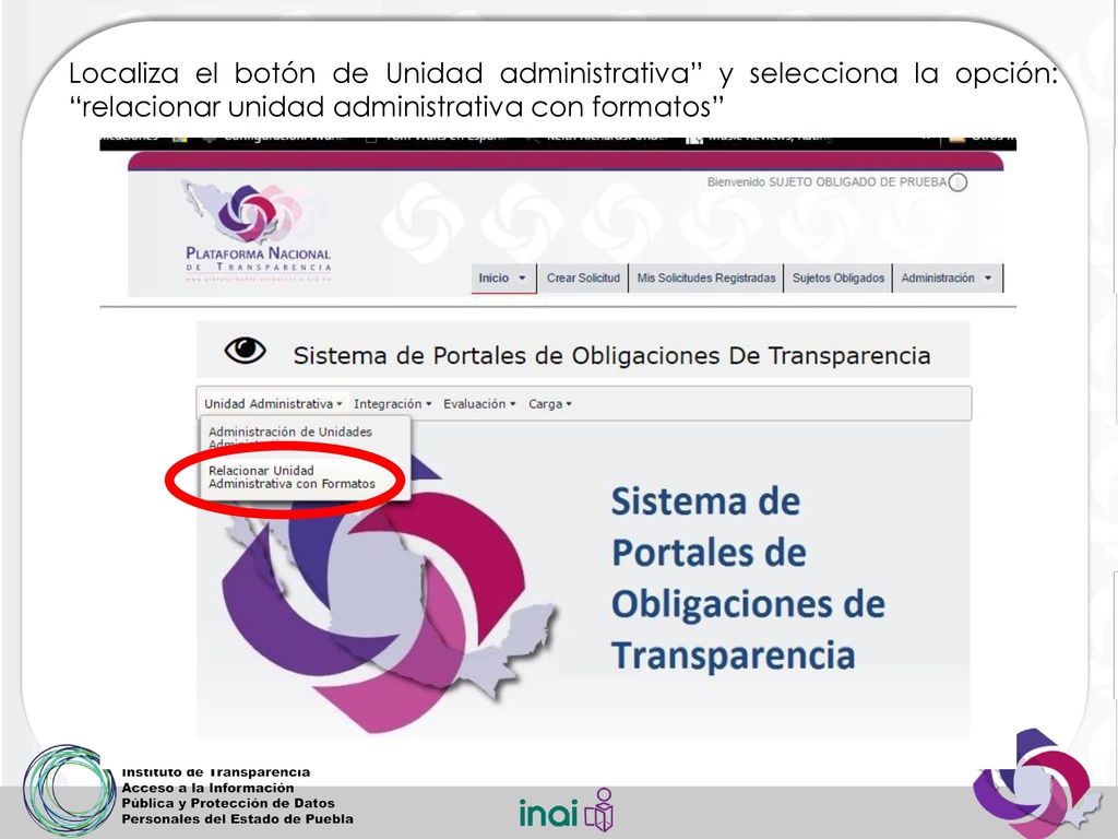 Localiza el botón de Unidad administrativa y selecciona la opción: relacionar unidad administrativa con formatos