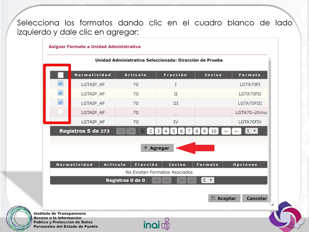 Selecciona los formatos dando clic en el cuadro blanco de lado izquierdo y dale clic en agregar: