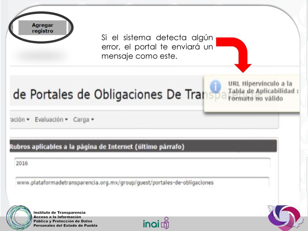 Si el sistema detecta algún error, el portal te enviará un mensaje como este.