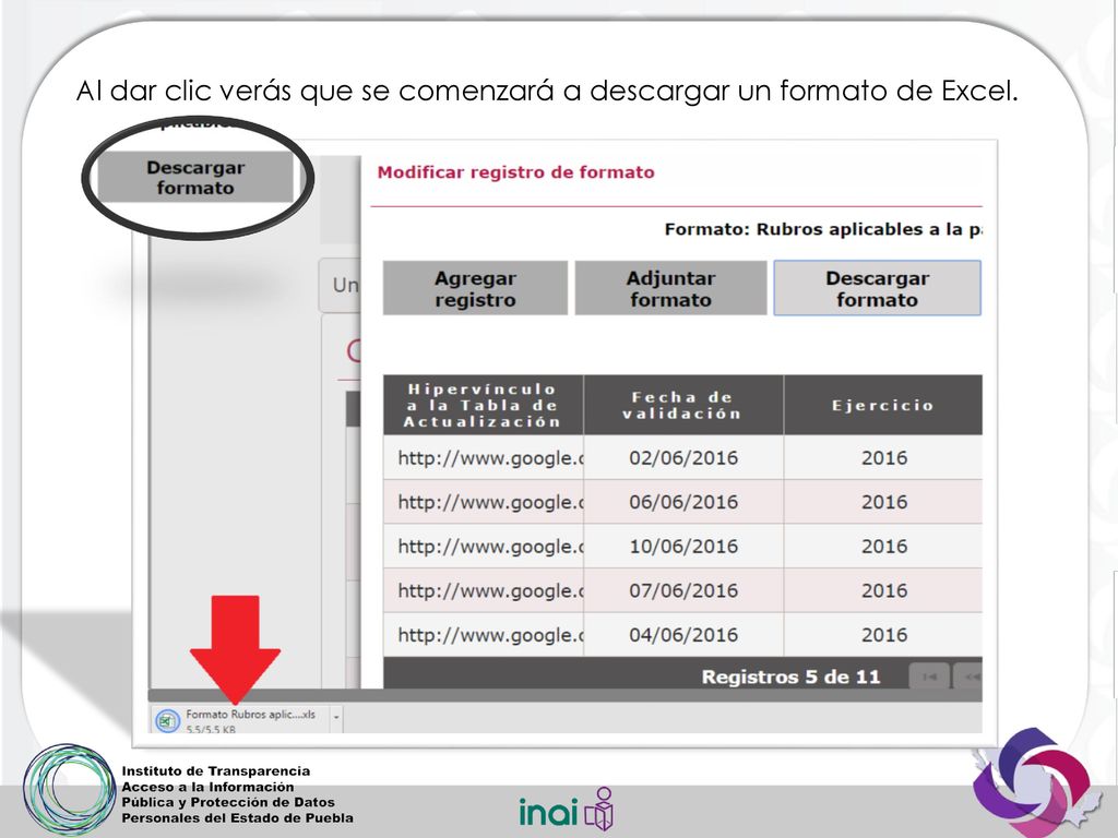 Al dar clic verás que se comenzará a descargar un formato de Excel.