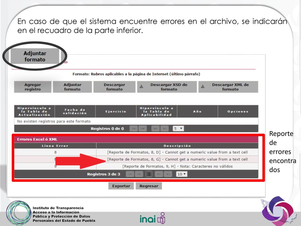 En caso de que el sistema encuentre errores en el archivo, se indicarán en el recuadro de la parte inferior.