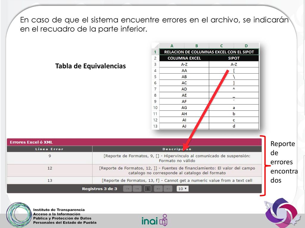 En caso de que el sistema encuentre errores en el archivo, se indicarán en el recuadro de la parte inferior.
