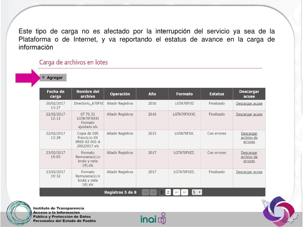 Este tipo de carga no es afectado por la interrupción del servicio ya sea de la Plataforma o de Internet, y va reportando el estatus de avance en la carga de información