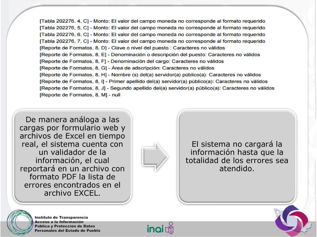 De manera análoga a las cargas por formulario web y archivos de Excel en tiempo real, el sistema cuenta con un validador de la información, el cual reportará en un archivo con formato PDF la lista de errores encontrados en el archivo EXCEL.