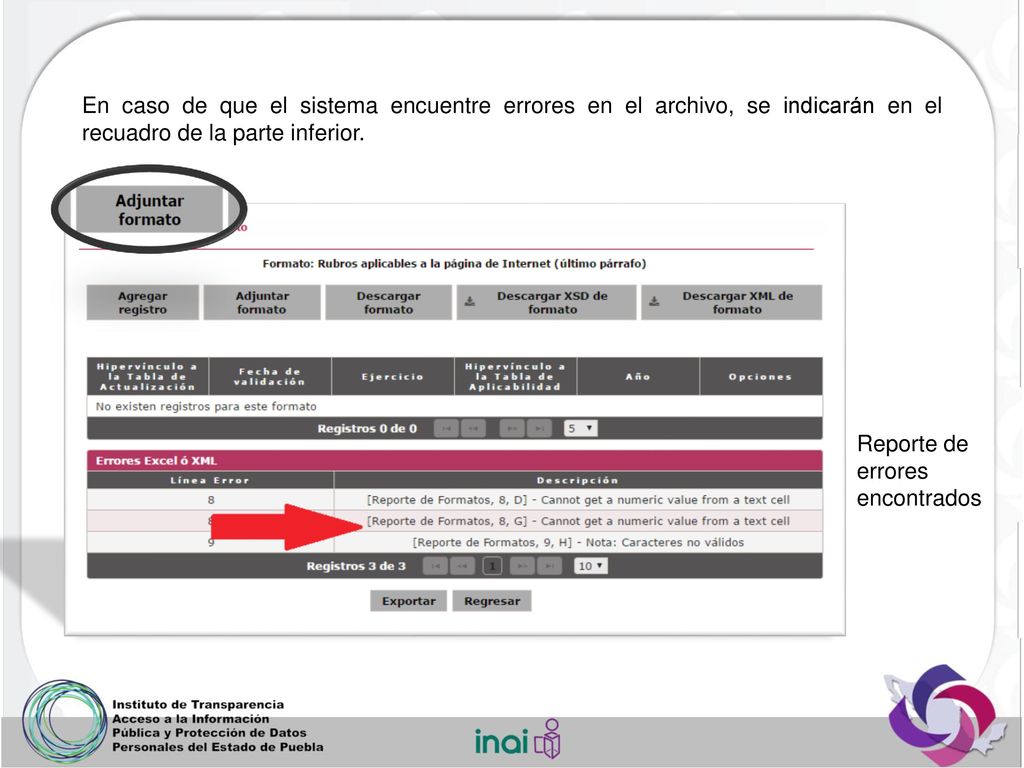 En caso de que el sistema encuentre errores en el archivo, se indicarán en el recuadro de la parte inferior.