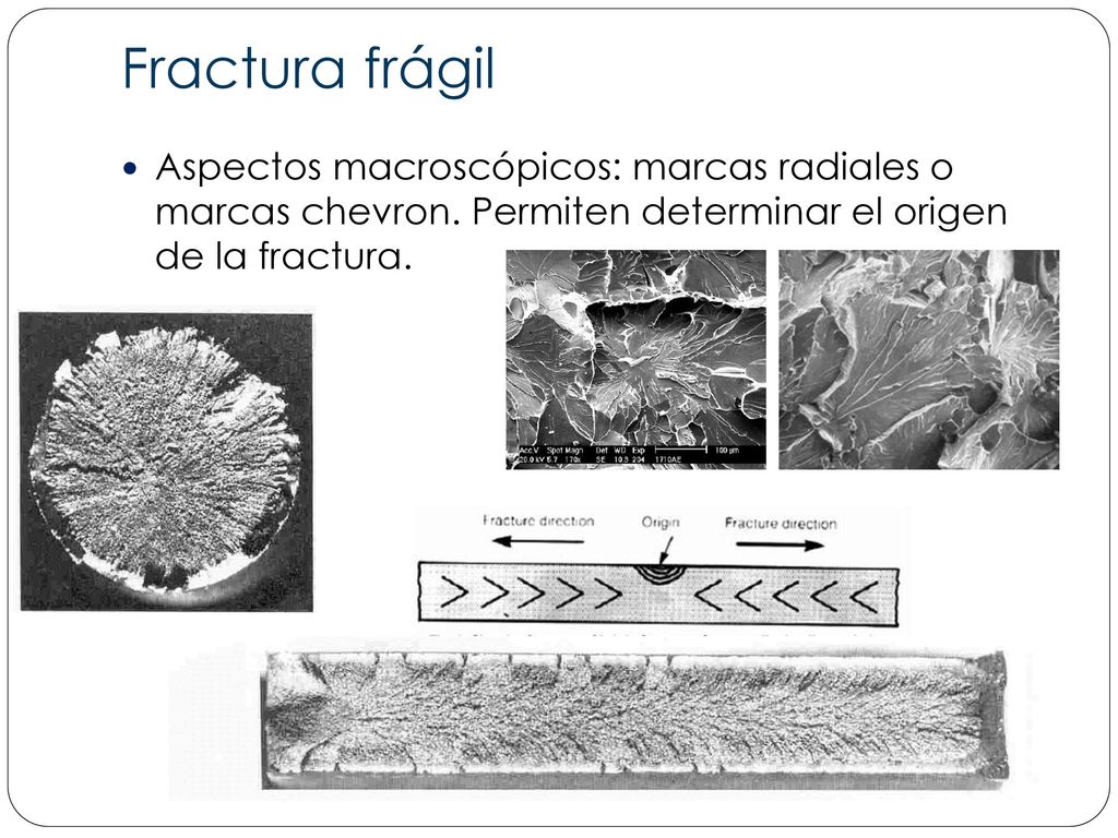 Fractura frágil Aspectos macroscópicos: marcas radiales o marcas chevron.