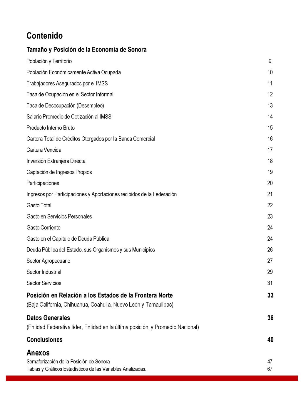 Contenido Anexos Tamaño y Posición de la Economía de Sonora