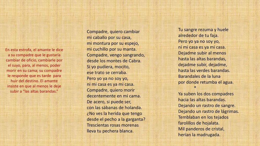 Compadre, quiero cambiar mi caballo por su casa, mi montura por su espejo, mi cuchillo por su manta. Compadre, vengo sangrando, desde los montes de Cabra. Si yo pudiera, mocito, ese trato se cerraba. Pero yo ya no soy yo, ni mi casa es ya mi casa. Compadre, quiero morir decentemente en mi cama. De acero, si puede ser, con las sábanas de holanda. ¿No ves la herida que tengo desde el pecho a la garganta Trescientas rosas morenas lleva tu pechera blanca.