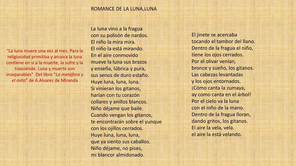 ROMANCE DE LA LUNA,LUNA La luna vino a la fragua con su polisón de nardos. El niño la mira mira. El niño la está mirando.