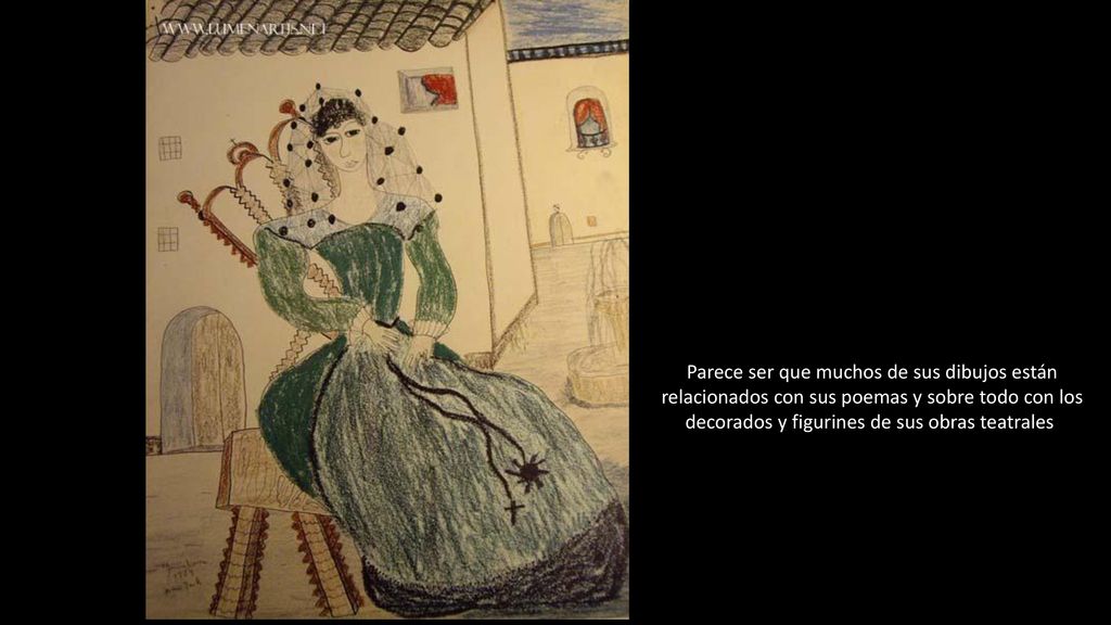 Parece ser que muchos de sus dibujos están relacionados con sus poemas y sobre todo con los decorados y figurines de sus obras teatrales.