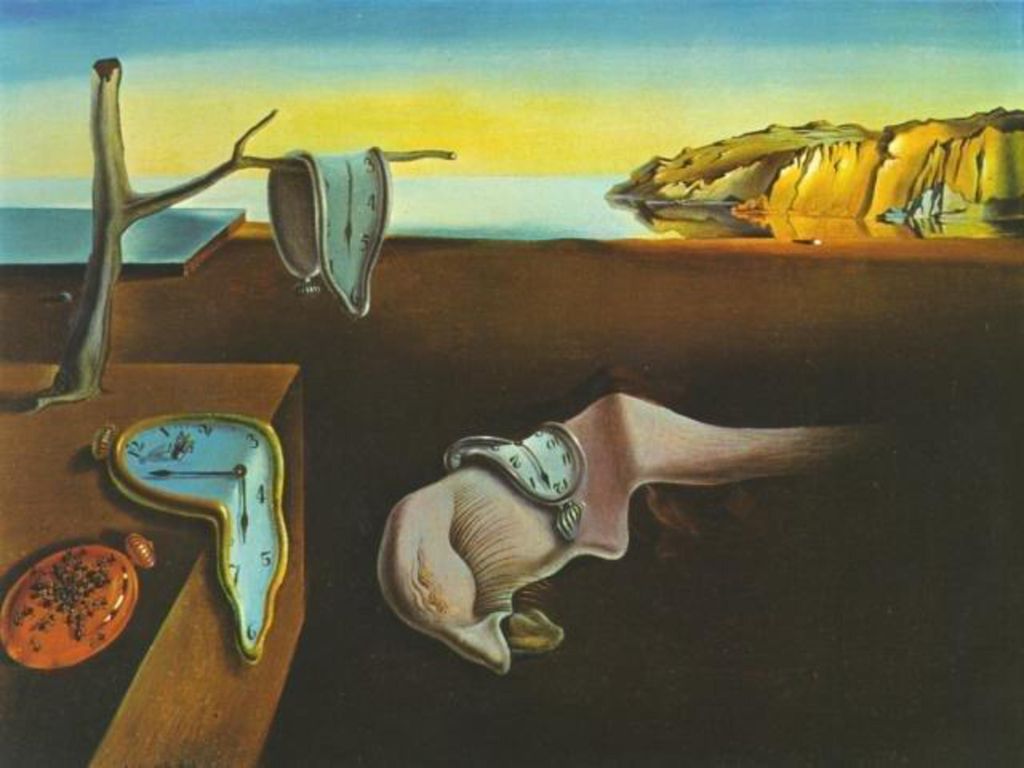 La persistencia de la memoria, relojes-la muerte, los relojes blandos representan el pasar del tiempo hasta la muerte, color de piel, piel muriendo