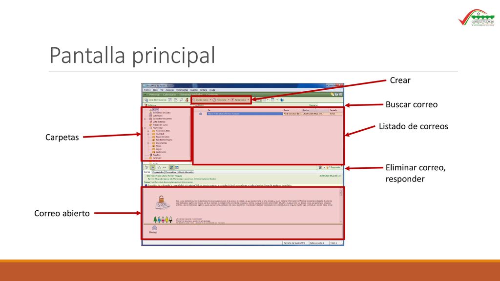 Pantalla principal Crear Buscar correo Listado de correos Carpetas