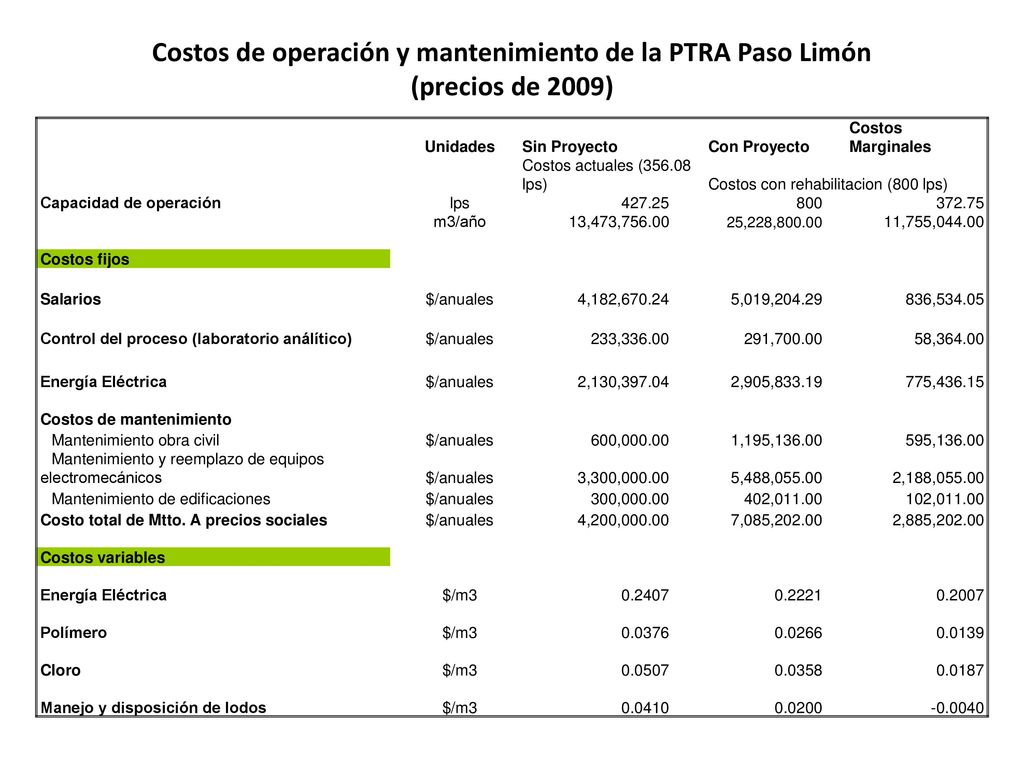 Costos de operación y mantenimiento de la PTRA Paso Limón (precios de 2009)