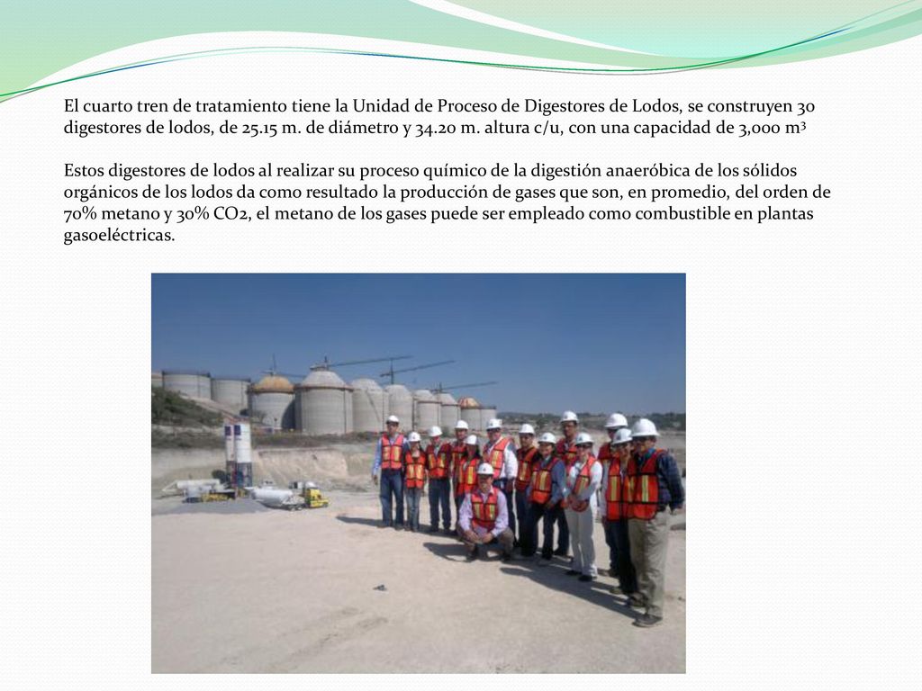 El cuarto tren de tratamiento tiene la Unidad de Proceso de Digestores de Lodos, se construyen 30 digestores de lodos, de m. de diámetro y m. altura c/u, con una capacidad de 3,000 m3