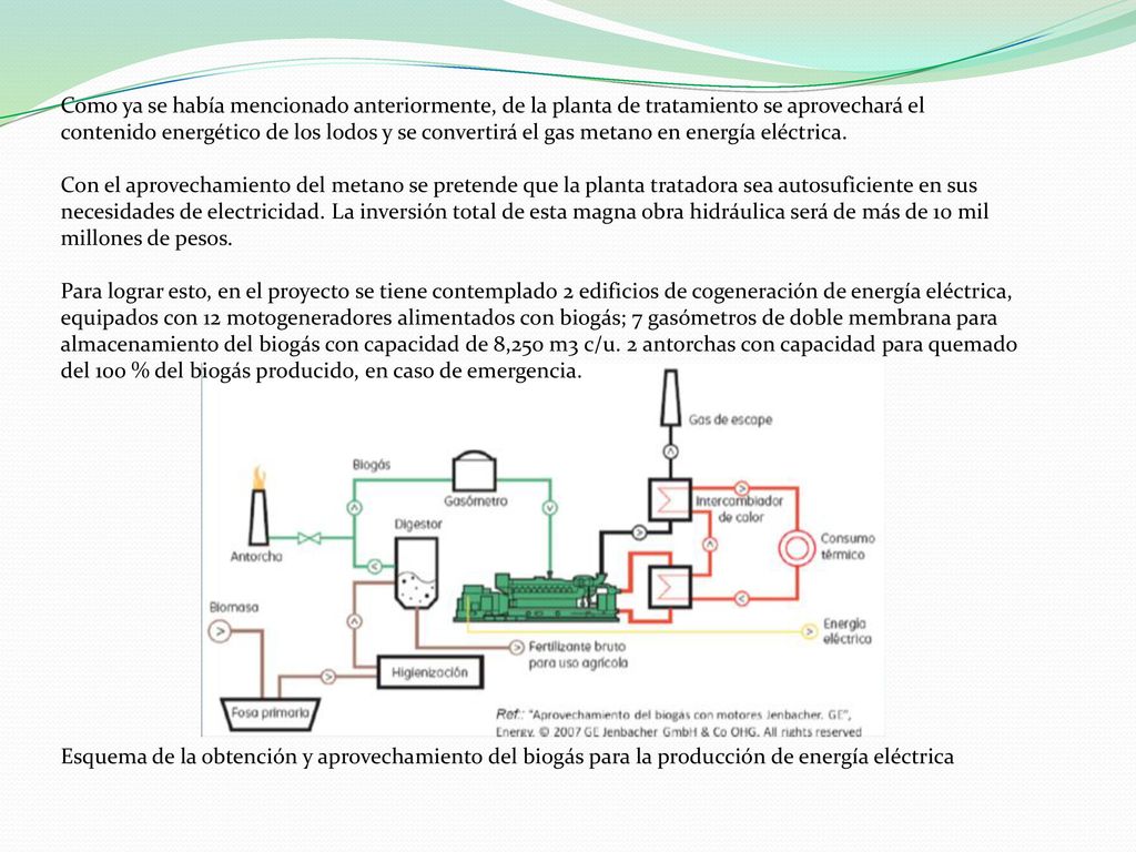 Como ya se había mencionado anteriormente, de la planta de tratamiento se aprovechará el contenido energético de los lodos y se convertirá el gas metano en energía eléctrica.