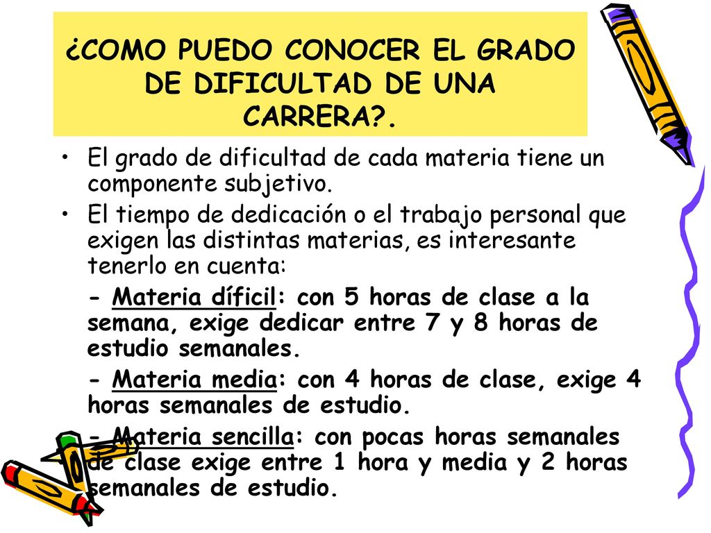 ¿COMO PUEDO CONOCER EL GRADO DE DIFICULTAD DE UNA CARRERA .