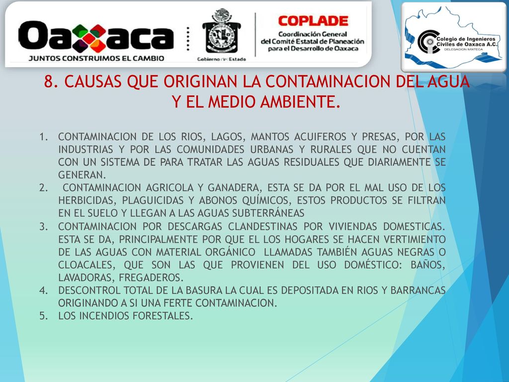 8. CAUSAS QUE ORIGINAN LA CONTAMINACION DEL AGUA Y EL MEDIO AMBIENTE.