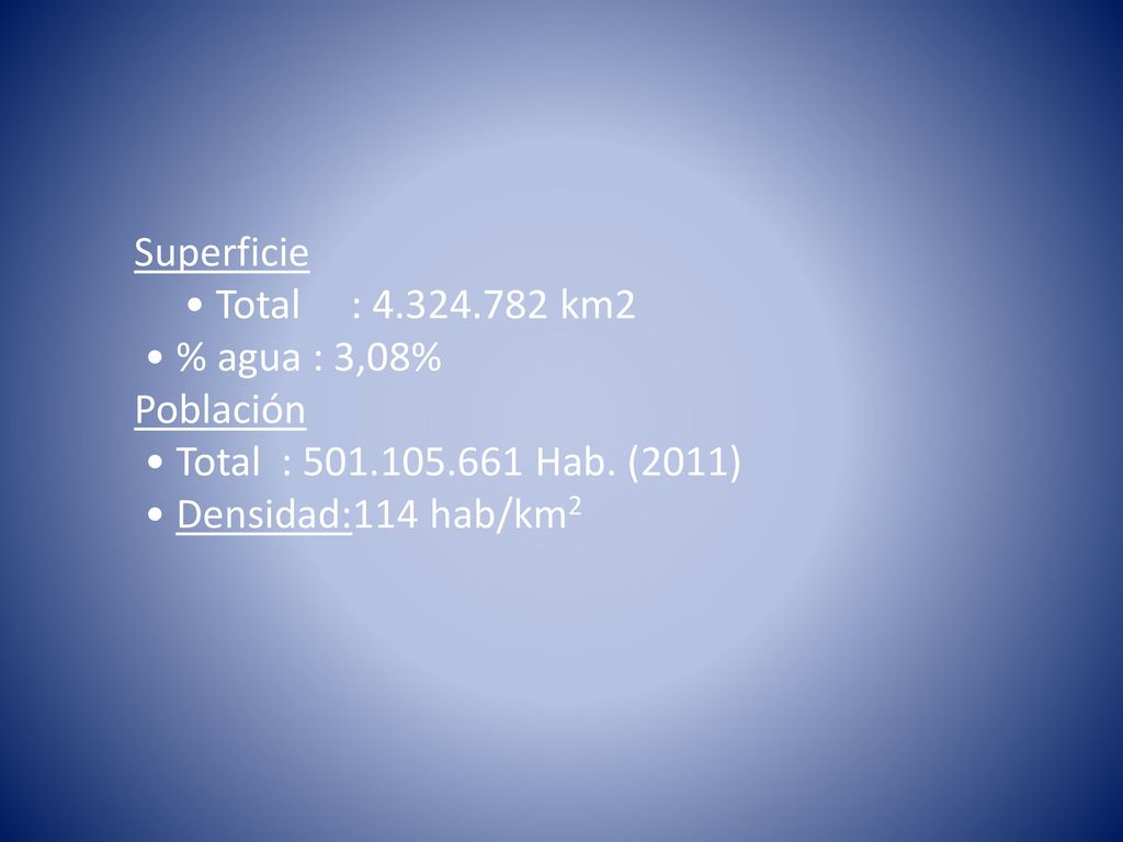 Superficie • Total : km2 • % agua : 3,08% Población • Total : Hab.